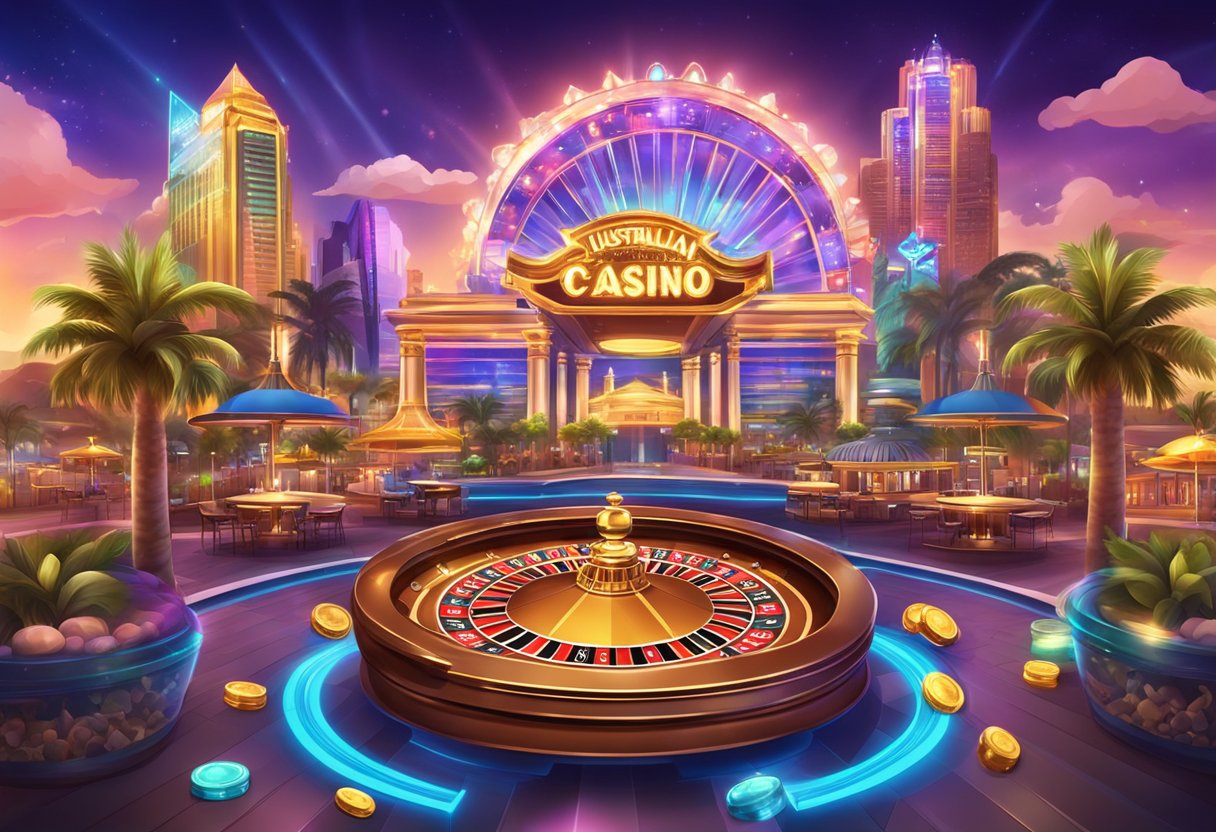 A colorful digital illustration of a virtual casino with Australian landmarks in the background, surrounded by vibrant graphics and symbols of popular casino games