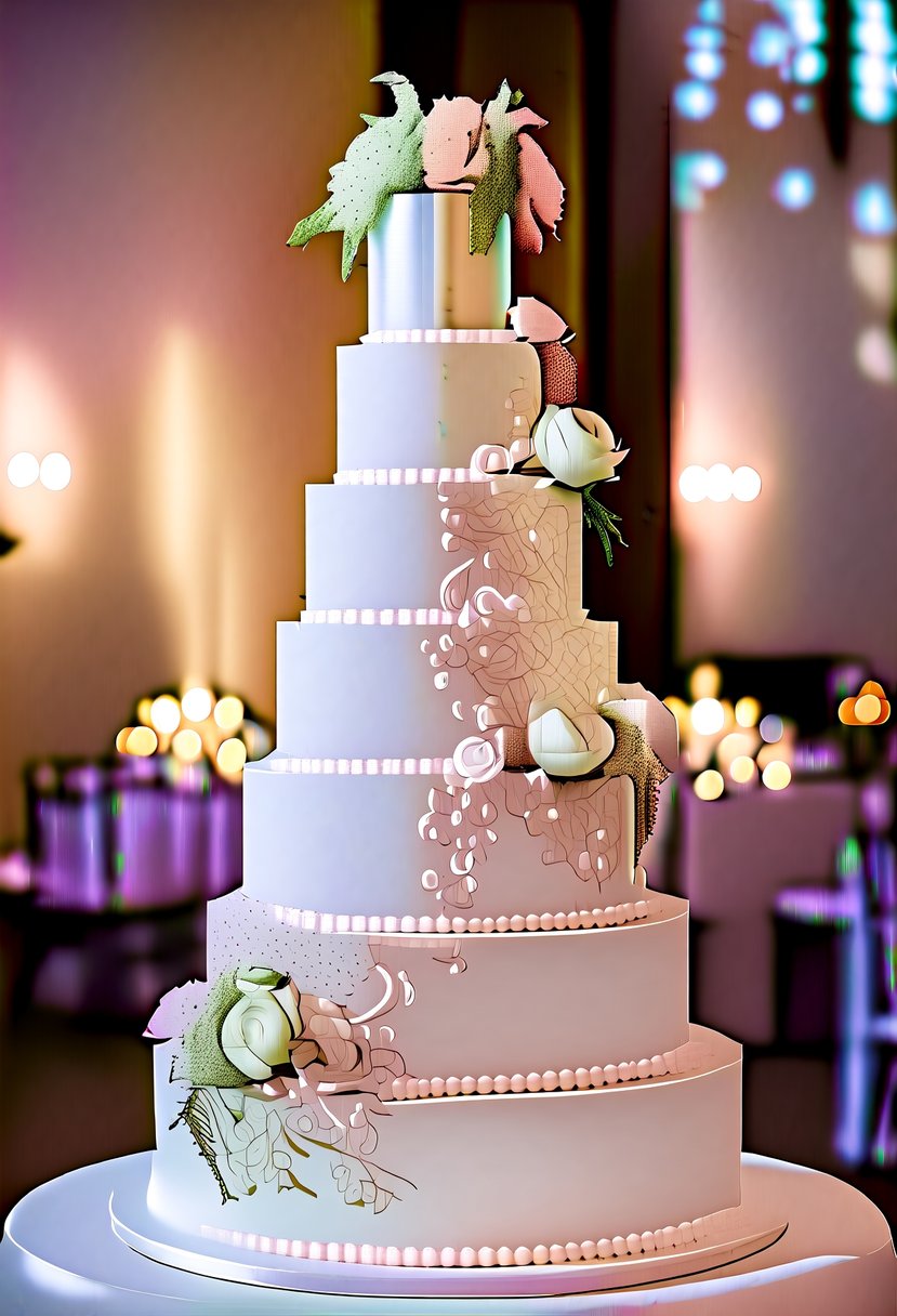 A towering wedding cake adorned with cascading flowers and intricate designs