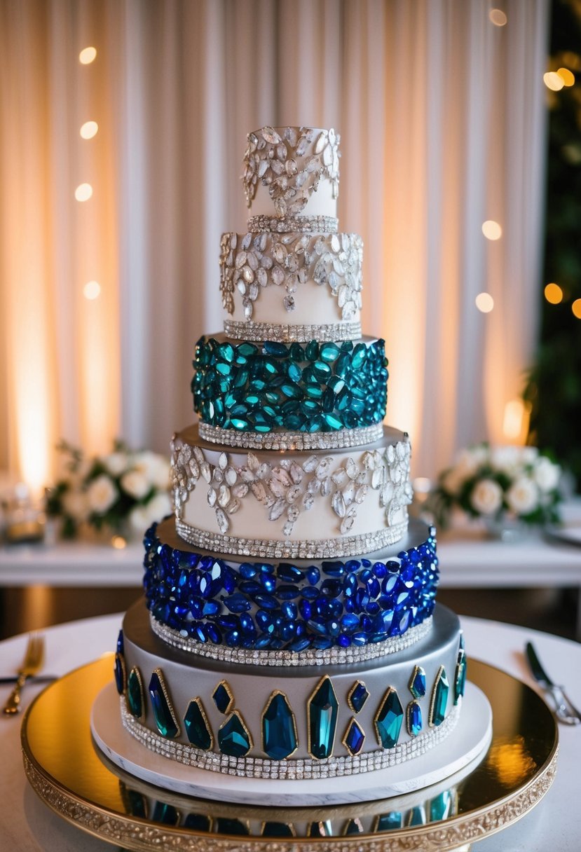A multi-tiered metallic geode cake adorned with shimmering crystals and vibrant gemstone colors, set against a backdrop of elegant wedding decor