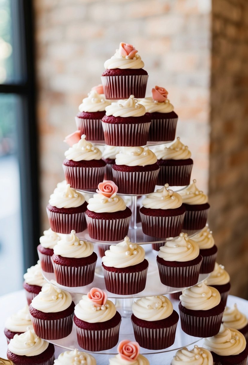 A tiered display of red velvet wedding cupcakes with swirls of cream cheese frosting, adorned with delicate edible pearls and miniature fondant roses