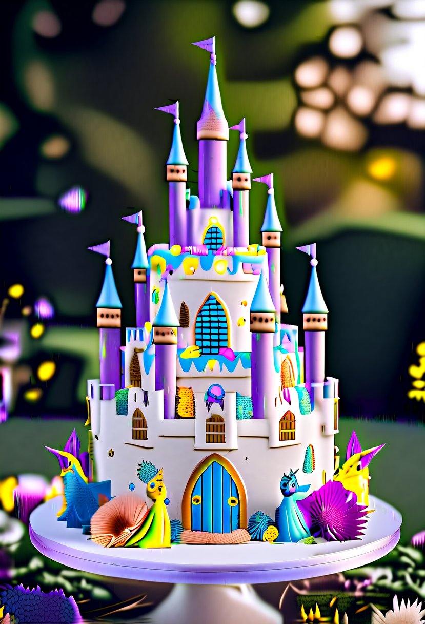A whimsical fairytale castle cake adorned with turrets, spires, and colorful icing, surrounded by enchanting edible flowers and magical creatures