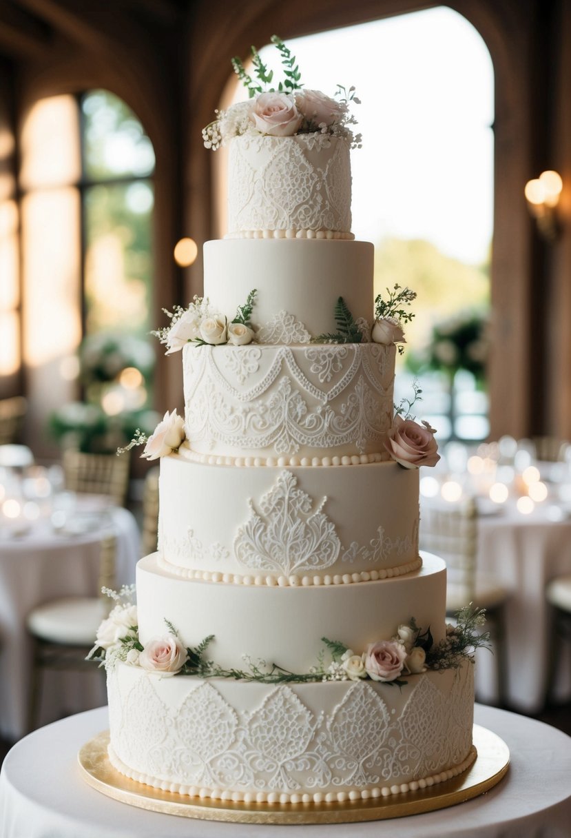 A tiered wedding cake adorned with intricate vintage lace patterns and delicate floral details