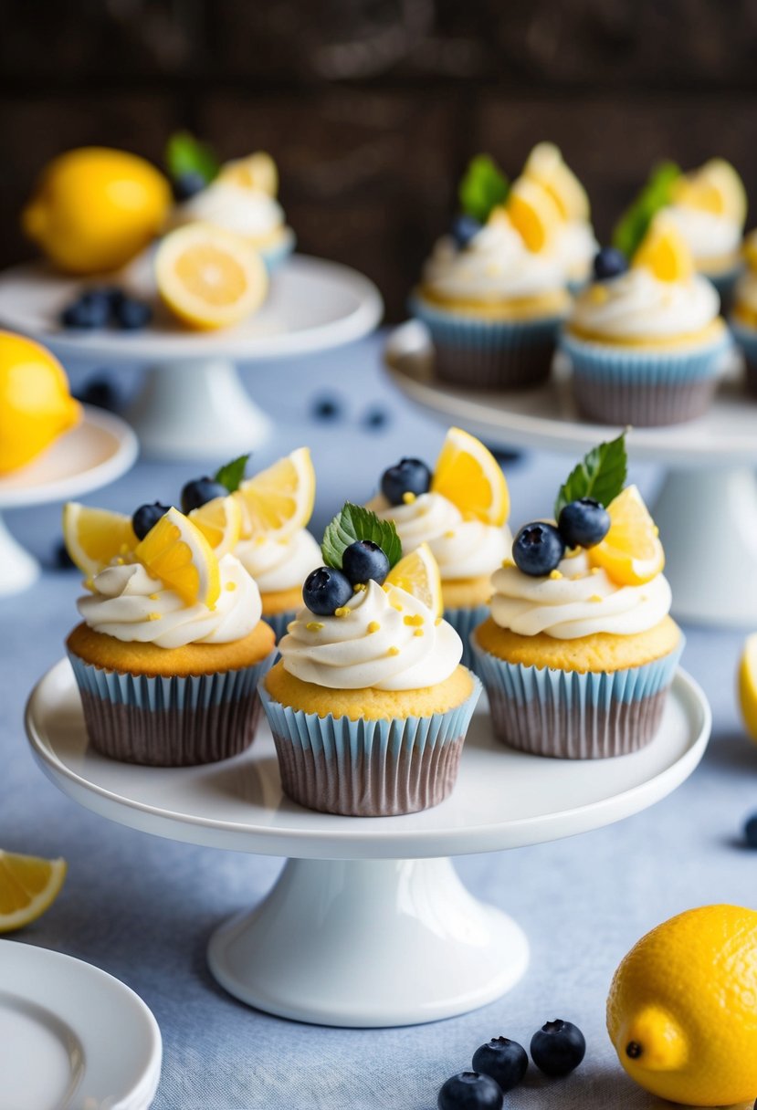 A table adorned with lemon and blueberry cupcakes, topped with delicate white frosting and fresh fruit garnishes
