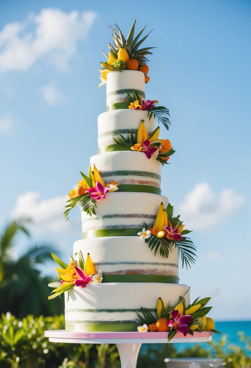 A towering, multi-tiered cake adorned with vibrant tropical fruits and flowers, set against a backdrop of lush greenery and clear blue skies
