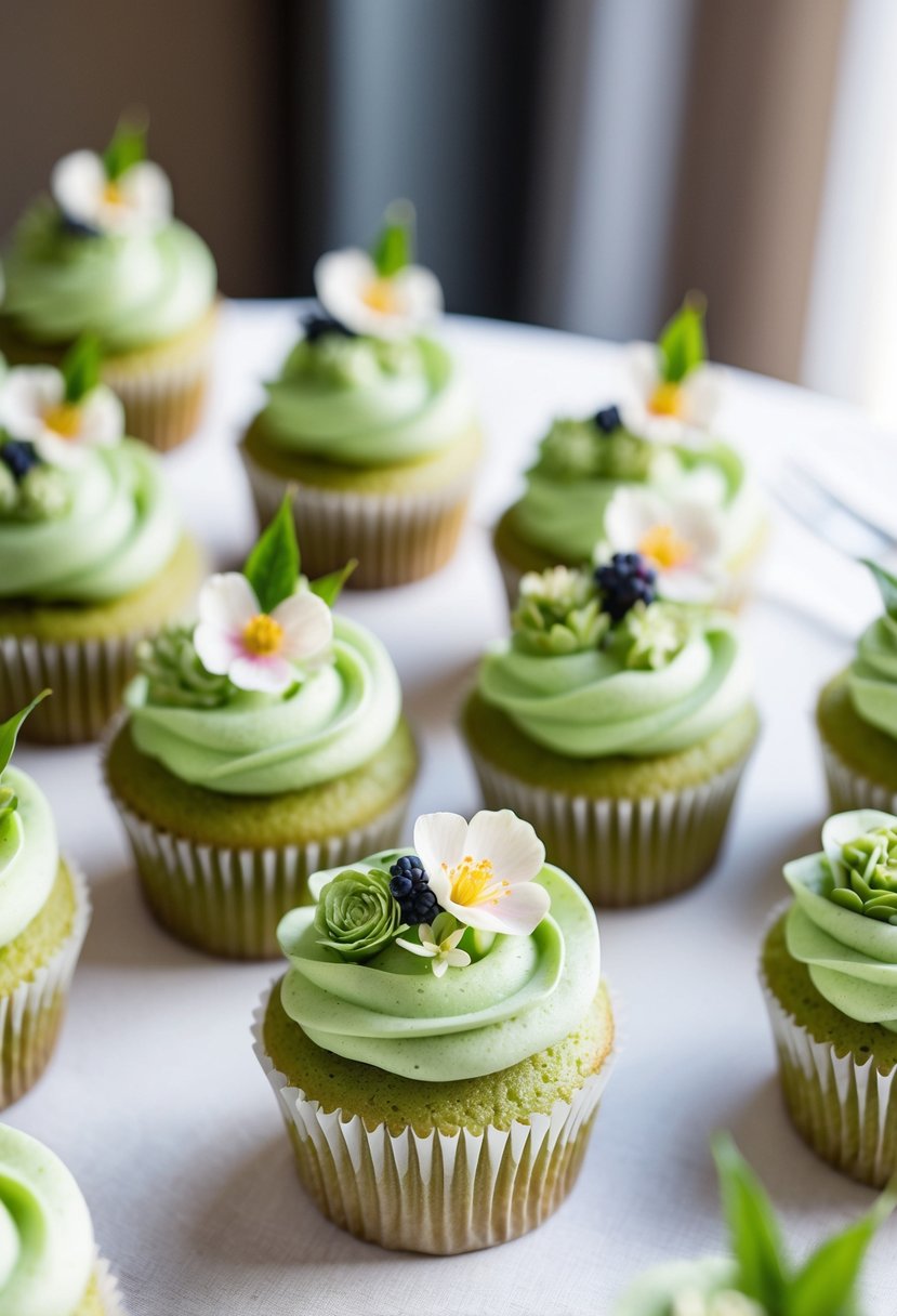 A table adorned with delicate Matcha Green Tea wedding cupcakes, topped with intricate floral designs and elegant green tea icing