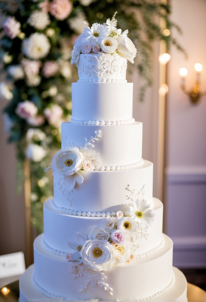 A towering white tiered wedding cake adorned with intricate floral designs and delicate piping, set against a backdrop of elegant decor