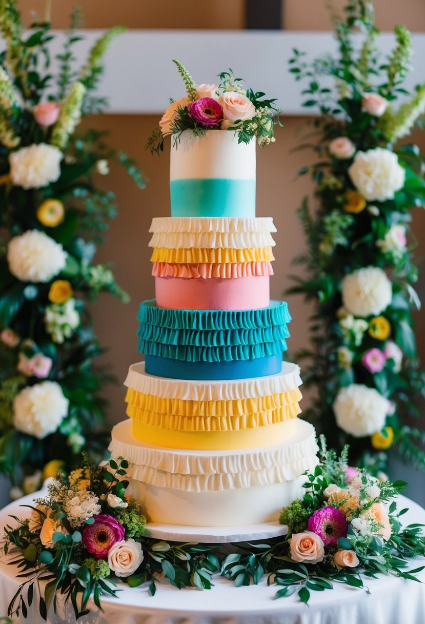 A large, multi-tiered wedding cake with bohemian ruffle details and vibrant colors, surrounded by lush floral arrangements and greenery
