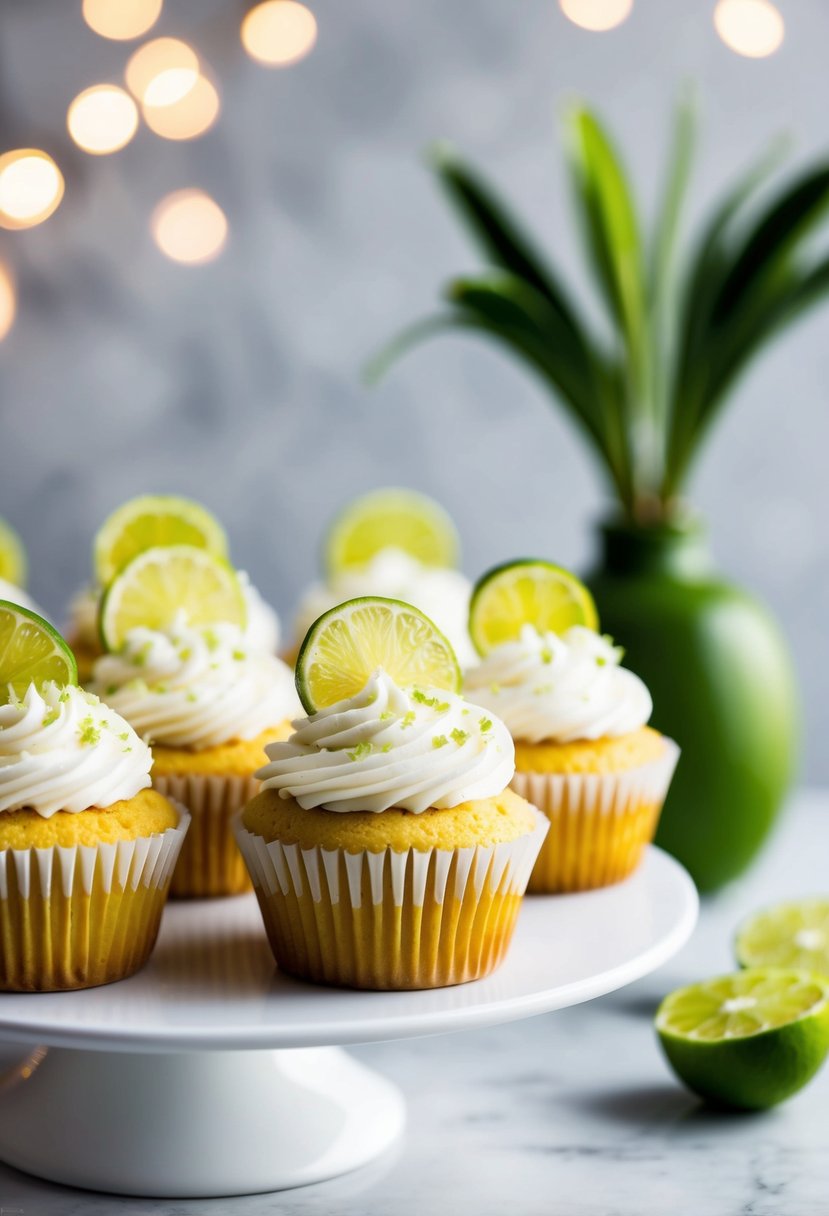 A table adorned with coconut lime zest cupcakes, topped with delicate white frosting and fresh lime slices