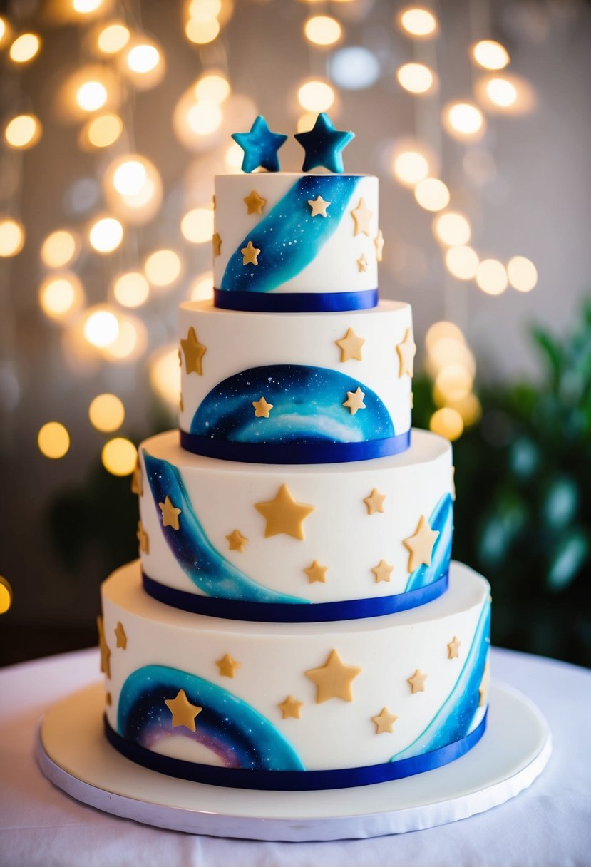 A multi-tiered wedding cake adorned with edible stars and galaxies, resembling a celestial constellation