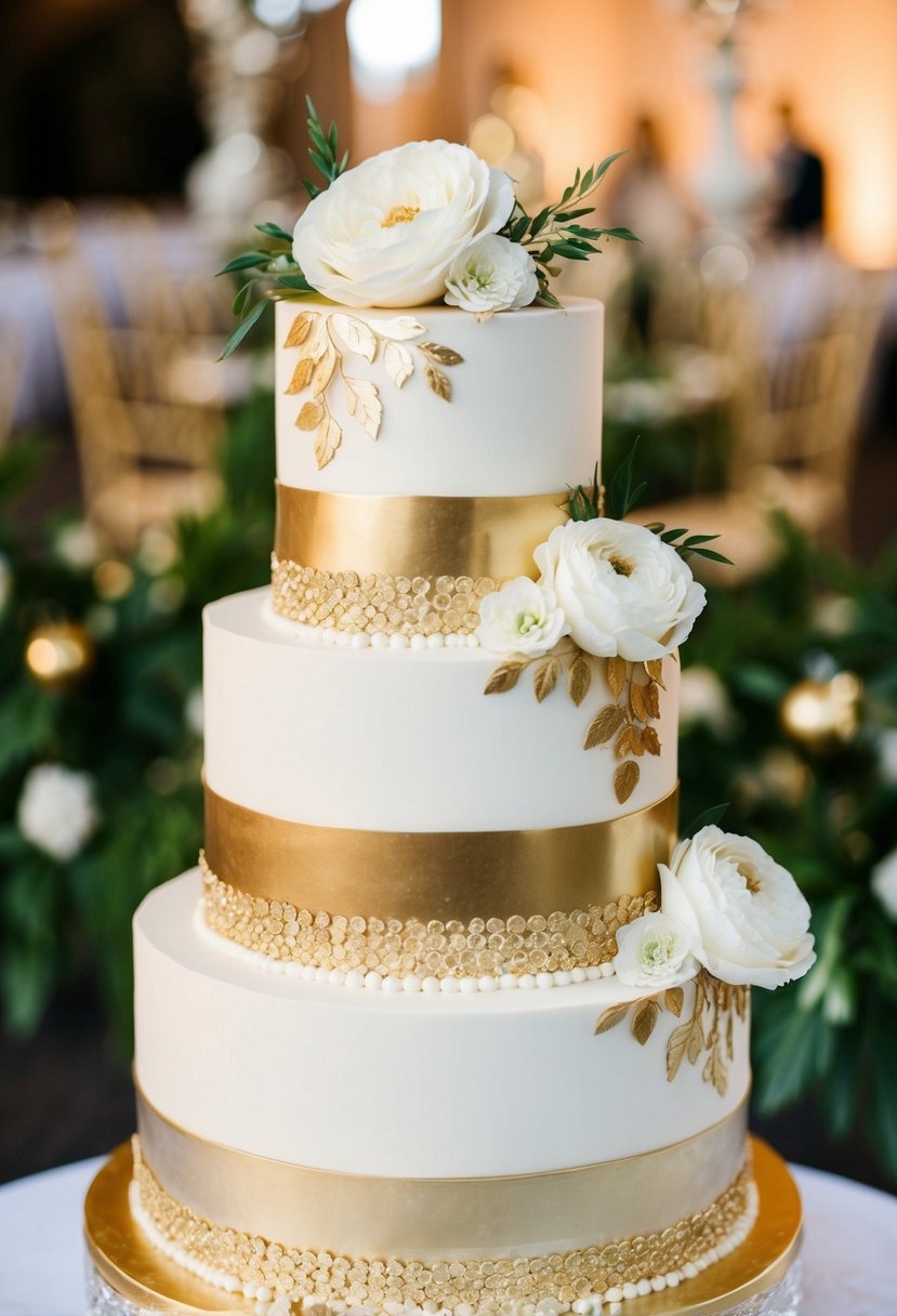 A three-tiered wedding cake adorned with gold leaf and intricate floral designs