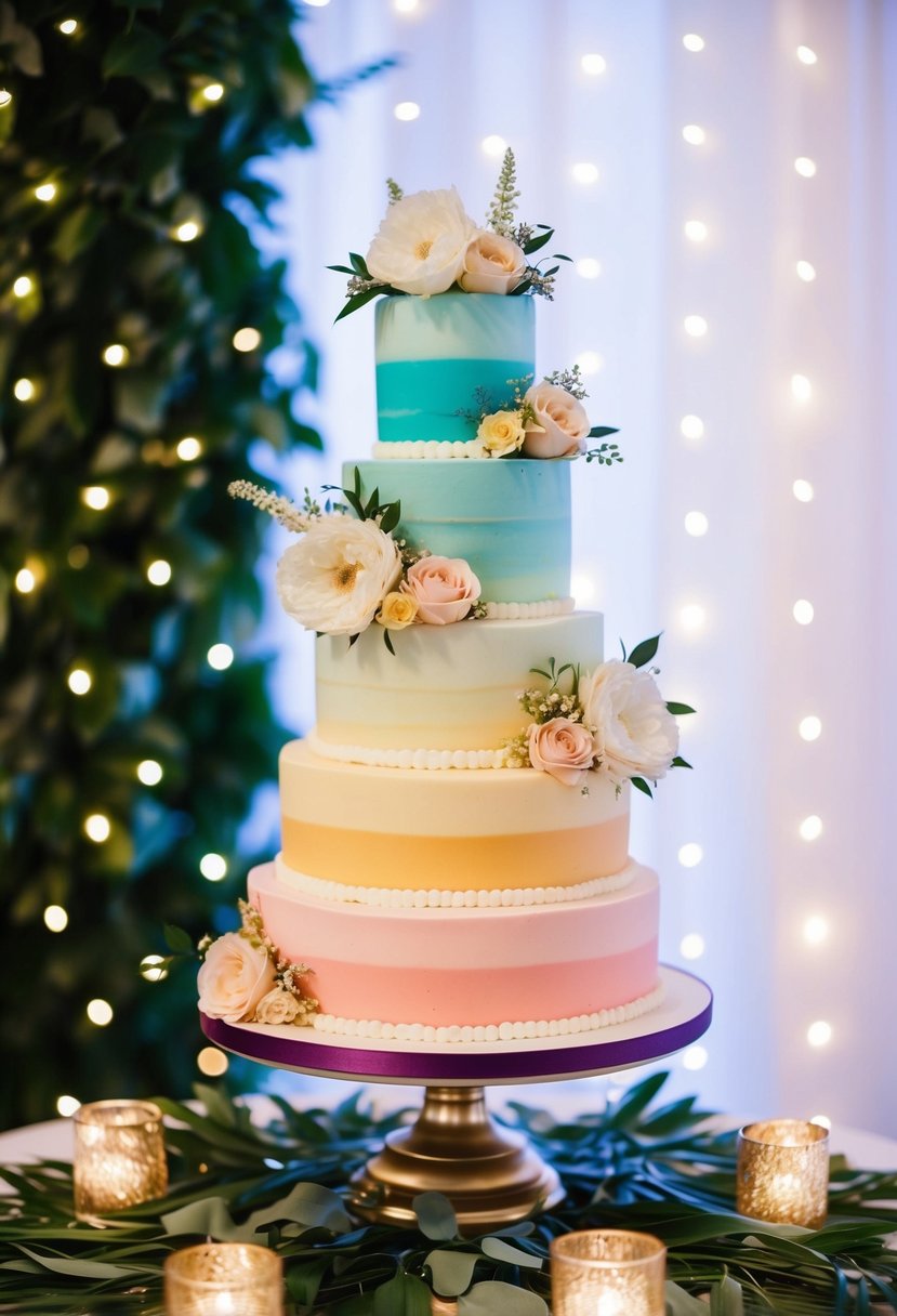 A multi-tiered ombre cake adorned with delicate flowers and intricate piping, set against a romantic backdrop of twinkling fairy lights and lush greenery