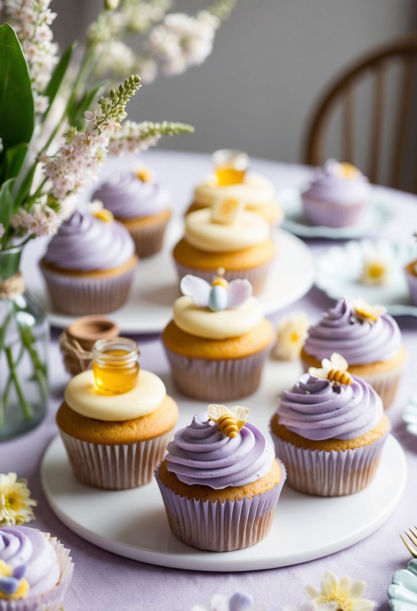 A table adorned with pastel lavender and honey-themed cupcakes, surrounded by delicate floral decorations