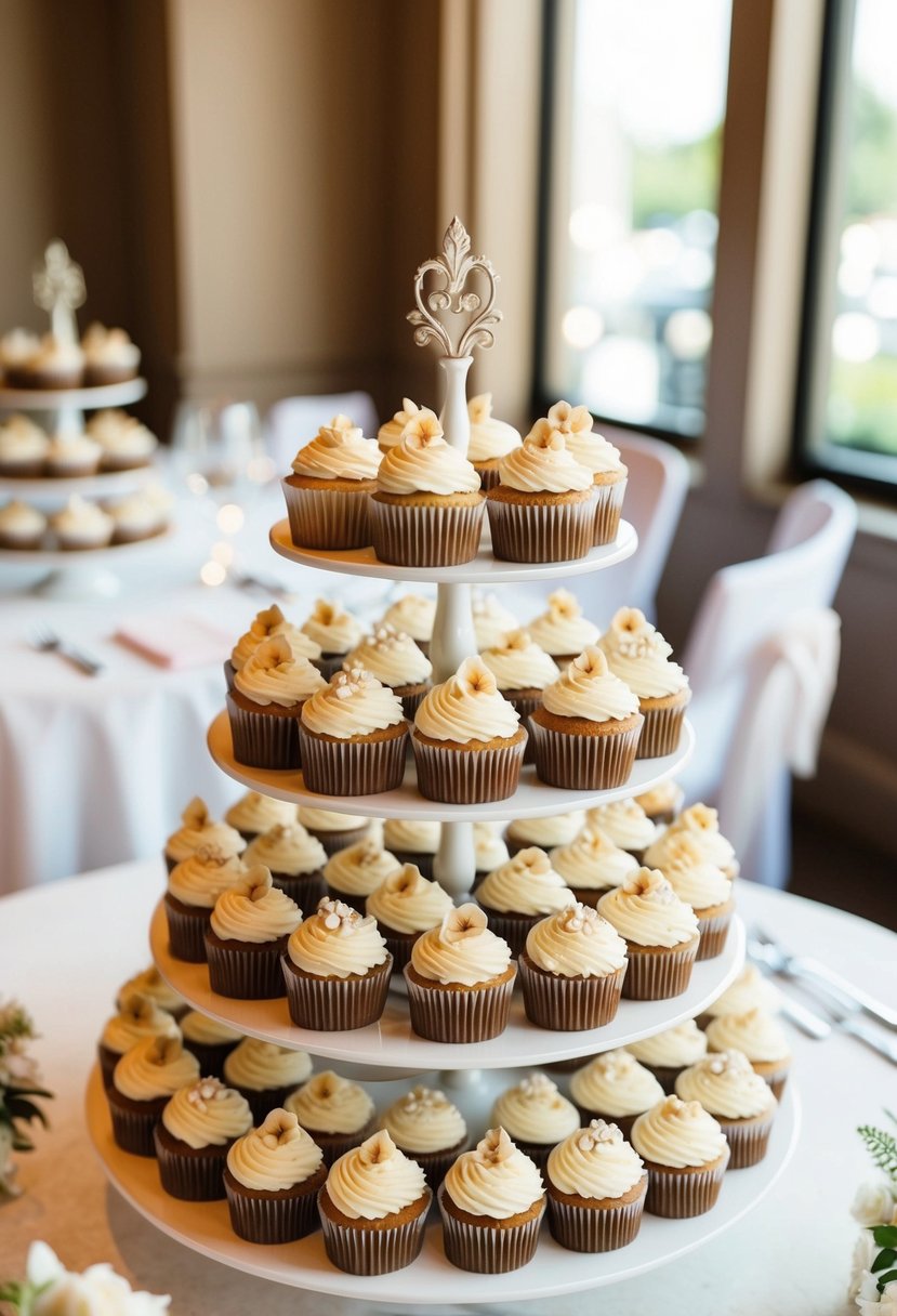 A table set with a tiered display of banana nut maple wedding cupcakes, adorned with delicate icing and elegant decorations