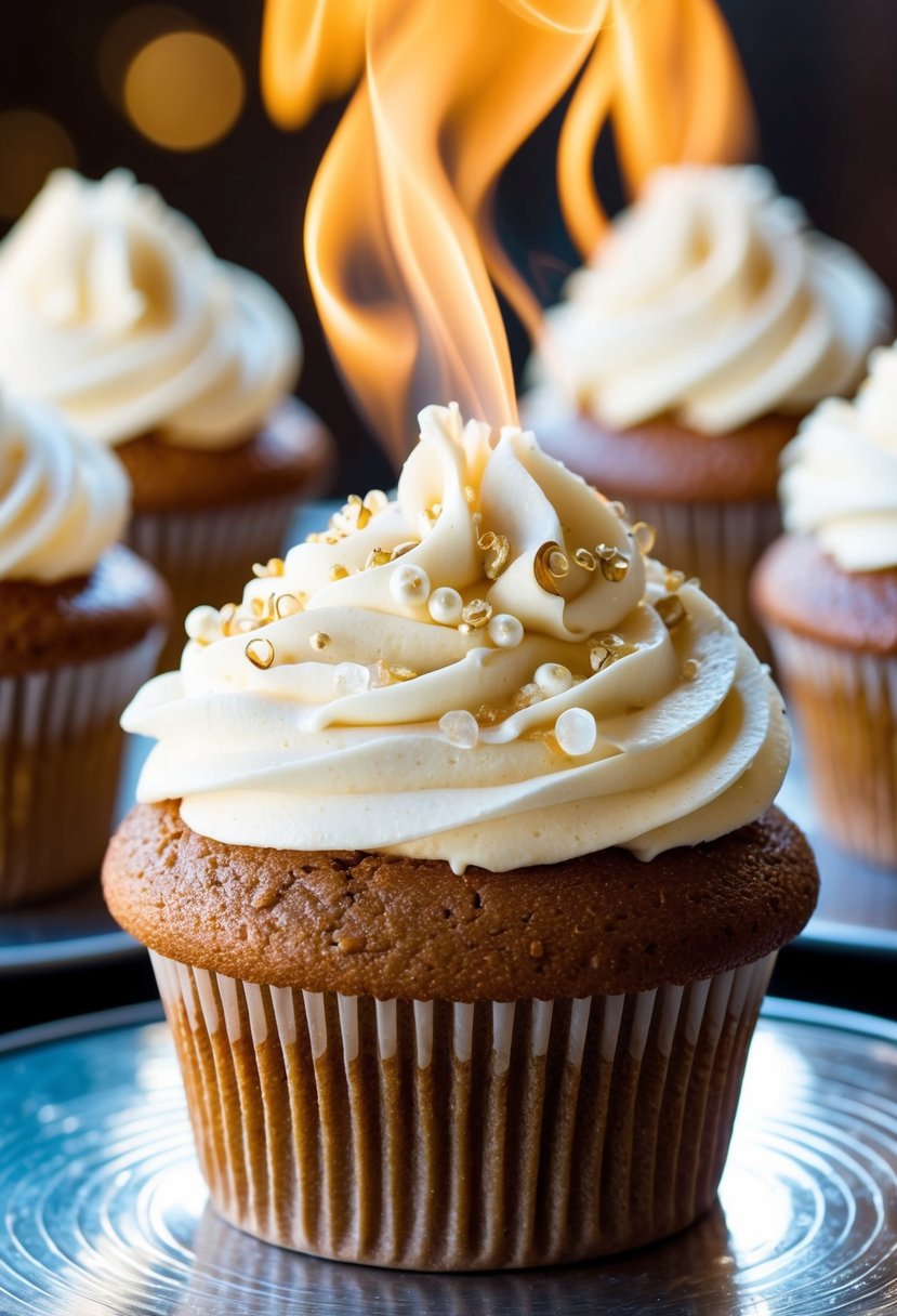 A steaming spiced chai latte cupcake adorned with wedding-themed decorations