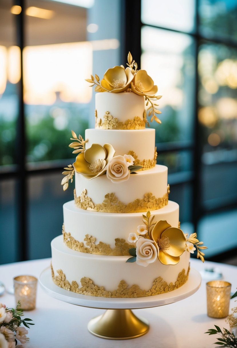 A three-tiered wedding cake adorned with gold-flecked fondant flowers and intricate floral designs