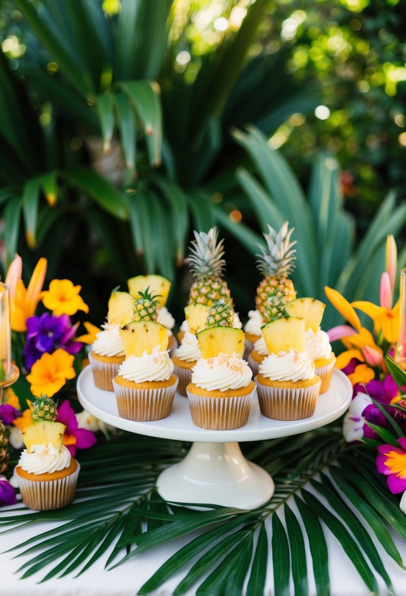 A table adorned with tropical-themed cupcakes topped with pineapple and coconut, surrounded by lush greenery and colorful flowers
