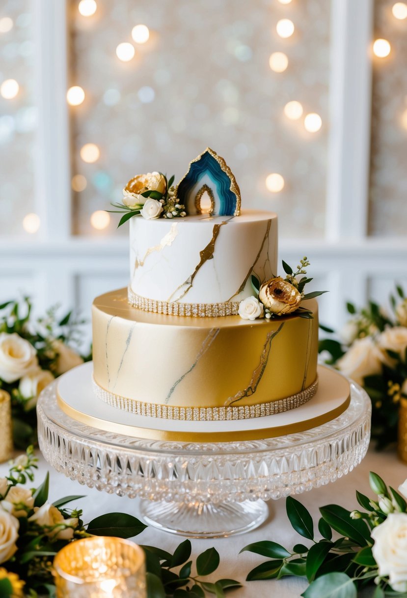 A luxurious gold marble wedding cake with geode accents sits on a crystal platter, surrounded by glistening gold accents and elegant floral arrangements