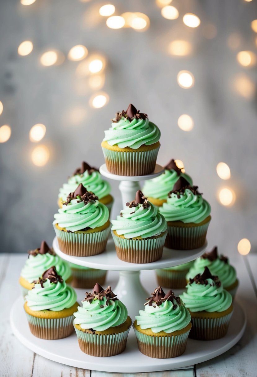 A tiered display of mint chocolate chip wedding cupcakes with pastel green frosting and delicate chocolate shavings on top