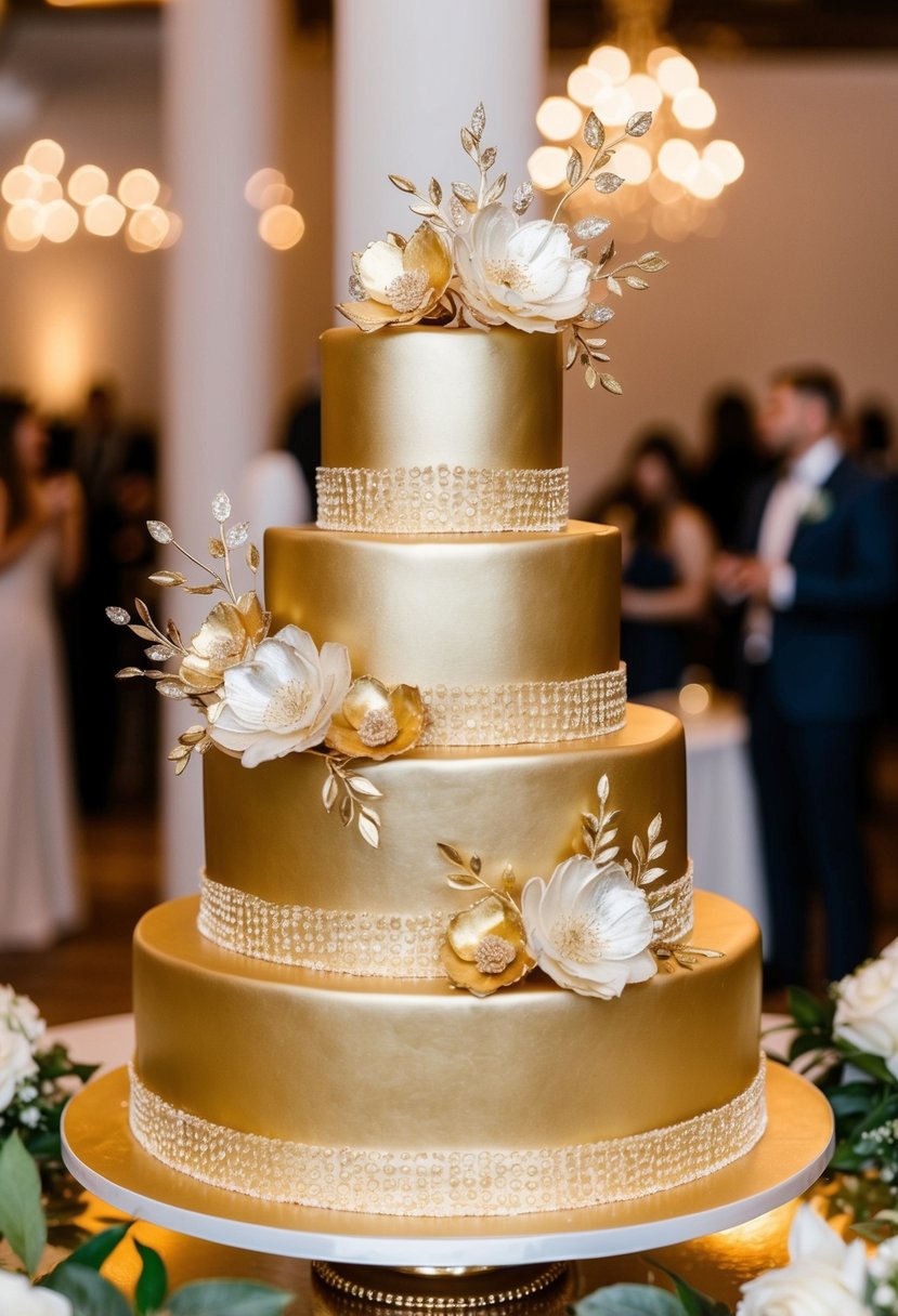 A three-tiered golden metallic wedding cake adorned with intricate floral designs and shimmering accents