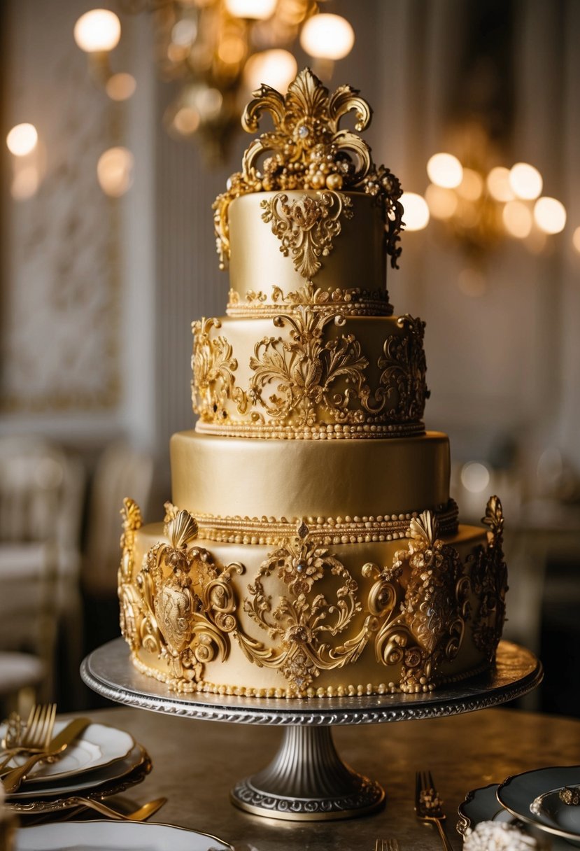 A decadent gold baroque cake adorned with intricate details and ornate designs, evoking a vintage and luxurious feel