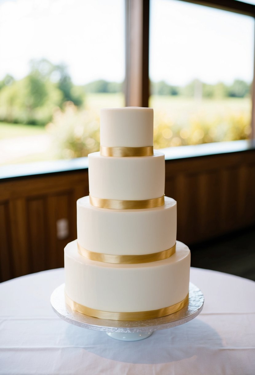 A simple, three-tiered white wedding cake with gold accents