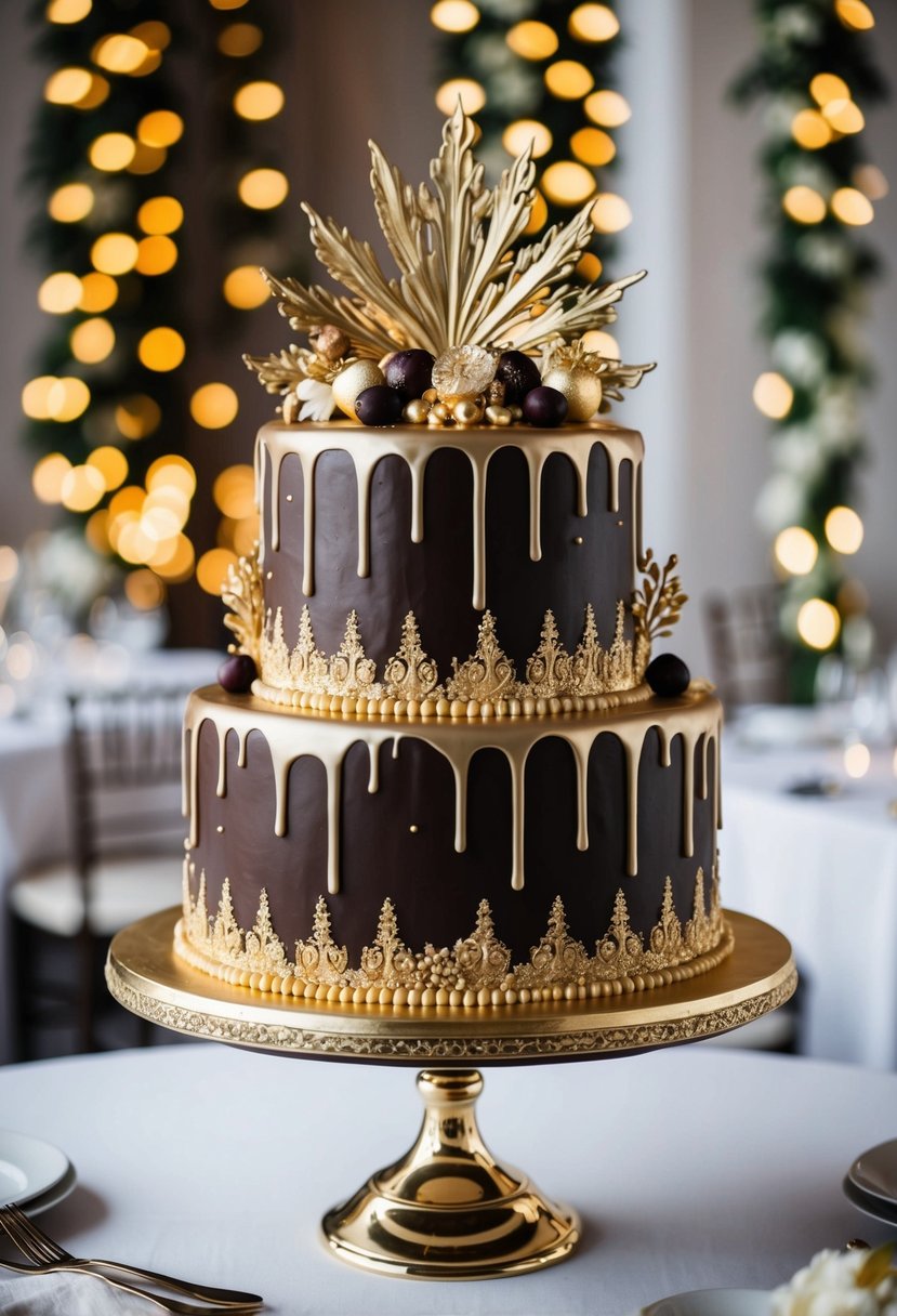A decadent dark chocolate cake dripping with gold, adorned with intricate designs and elegant details, perfect for a luxurious wedding celebration