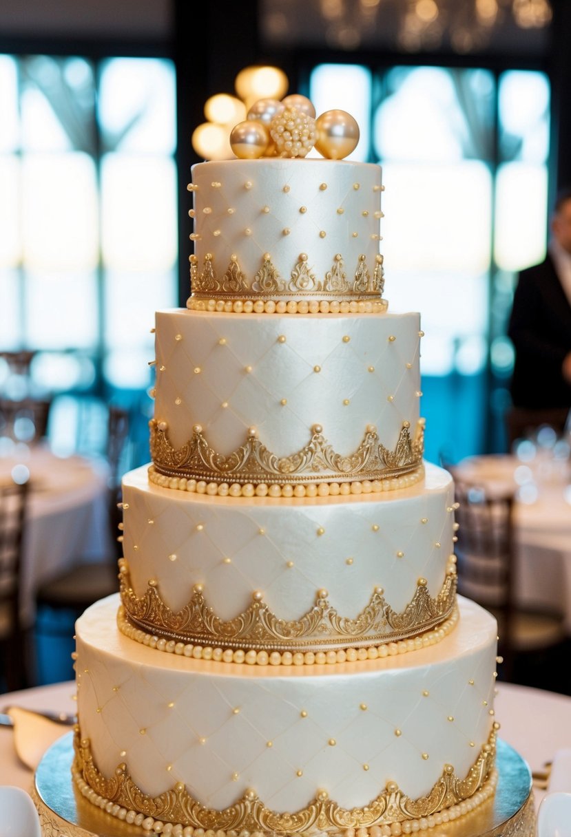 A luxurious tiered cake adorned with edible gold pearls and intricate designs