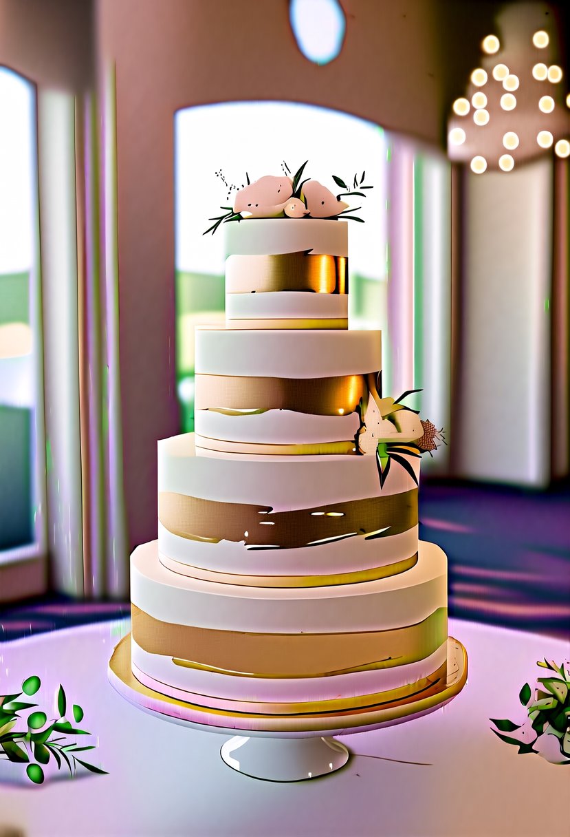 A three-tiered wedding cake adorned with gold brushstroke details and elegant design