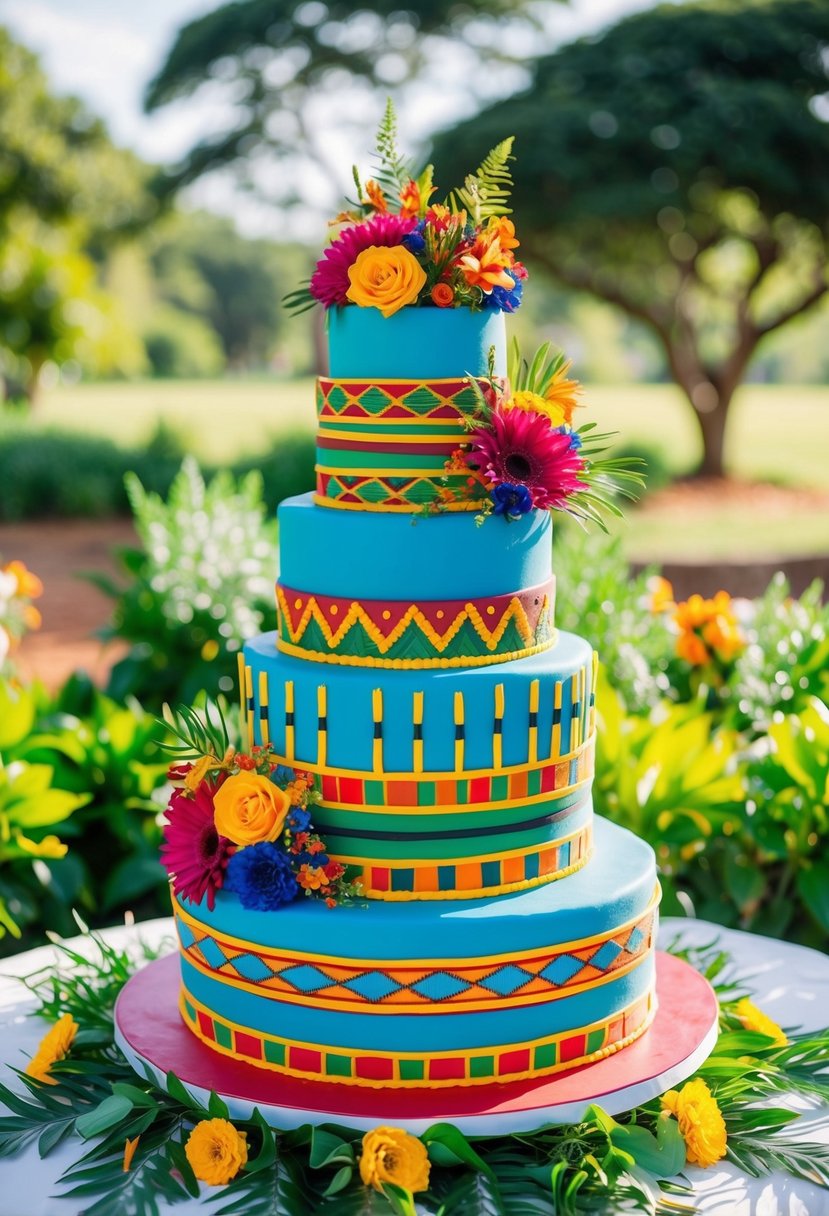 A vibrant, tiered wedding cake adorned with traditional Kenyan patterns and colors, surrounded by lush greenery and colorful flowers