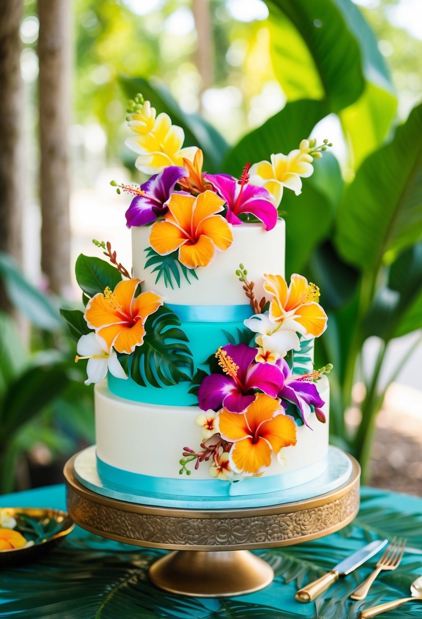 A vibrant tropical floral cake with colorful hibiscus, plumeria, and orchids