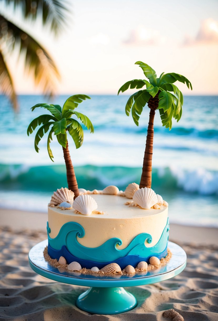 A beach paradise cake with palm trees, waves, and seashells on a sandy shore