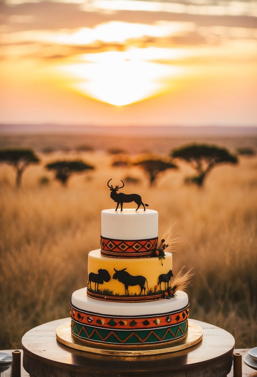 A golden sun setting over the vast savannah, casting warm hues on a tiered cake adorned with African wildlife and traditional Kenyan patterns