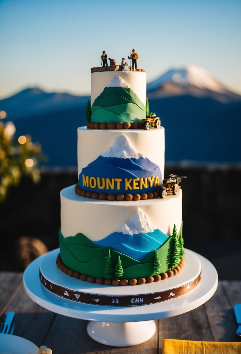 A multi-tiered cake adorned with edible replicas of Mount Kenya and adventurous elements