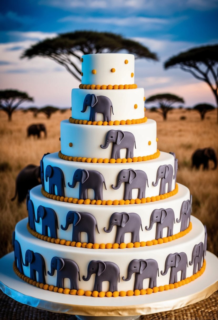 An elephant-themed wedding cake with a parade of intricately designed edible elephants, set against a backdrop of Kenyan savannah