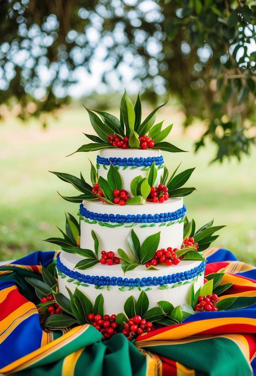 A traditional Kikuyu wedding cake surrounded by vibrant fabric and adorned with green leaves and red berries