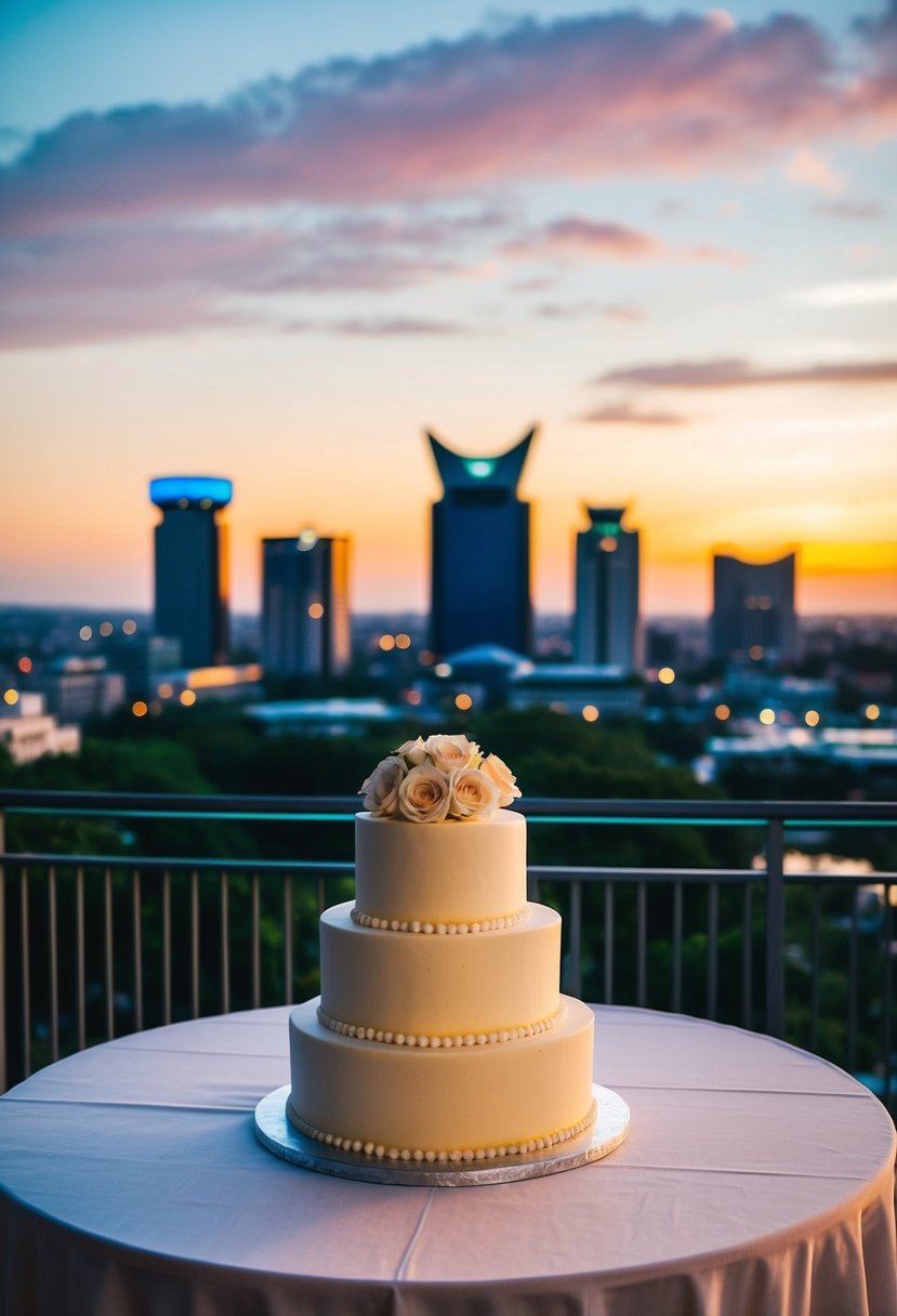 The Nairobi skyline at dusk, with iconic buildings and a warm, colorful sky, serving as the backdrop for a wedding cake