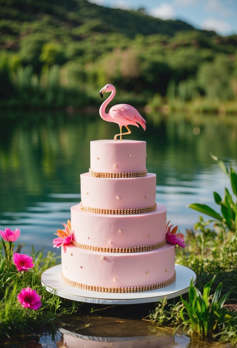 A tiered cake with pink flamingo decorations sits by a tranquil lake in Kenya, surrounded by lush greenery and vibrant flowers