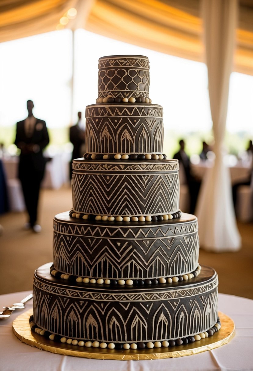 A tiered wedding cake made of intricately carved Kisii soapstone, adorned with traditional Kenyan motifs and patterns