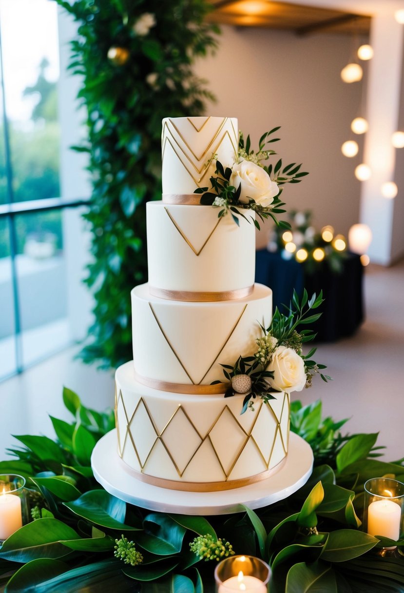 A three-tiered wedding cake adorned with geometric patterns and metallic accents, surrounded by lush greenery and modern decor