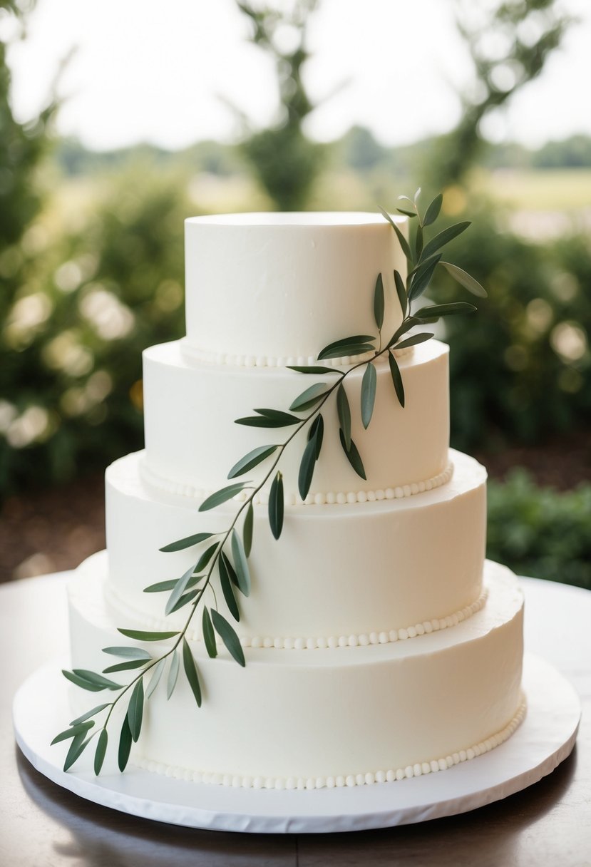 A three-tiered white wedding cake with a simple olive branch design cascading down the side
