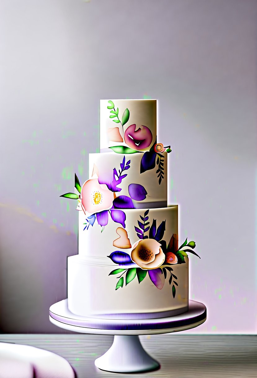 A three-tiered wedding cake adorned with watercolor floral designs in shades of pink, purple, and green, set against a minimalist backdrop