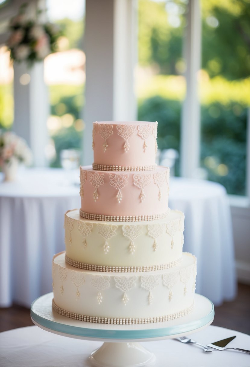 A three-tiered wedding cake adorned with delicate vintage lace designs in soft pastel colors, sitting on a white cake stand