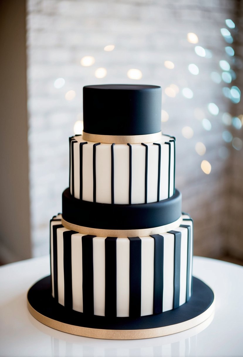 A three-tiered black and white striped cake with modern geometric patterns, adorned with minimalist metallic accents
