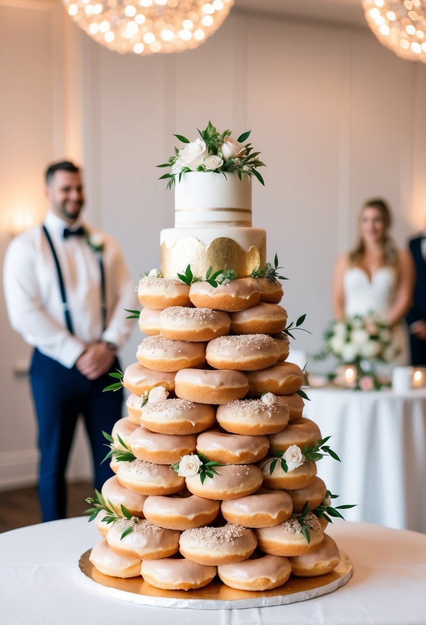 A towering wedding cake made of stacked doughnuts, adorned with modern decorations and elegant details