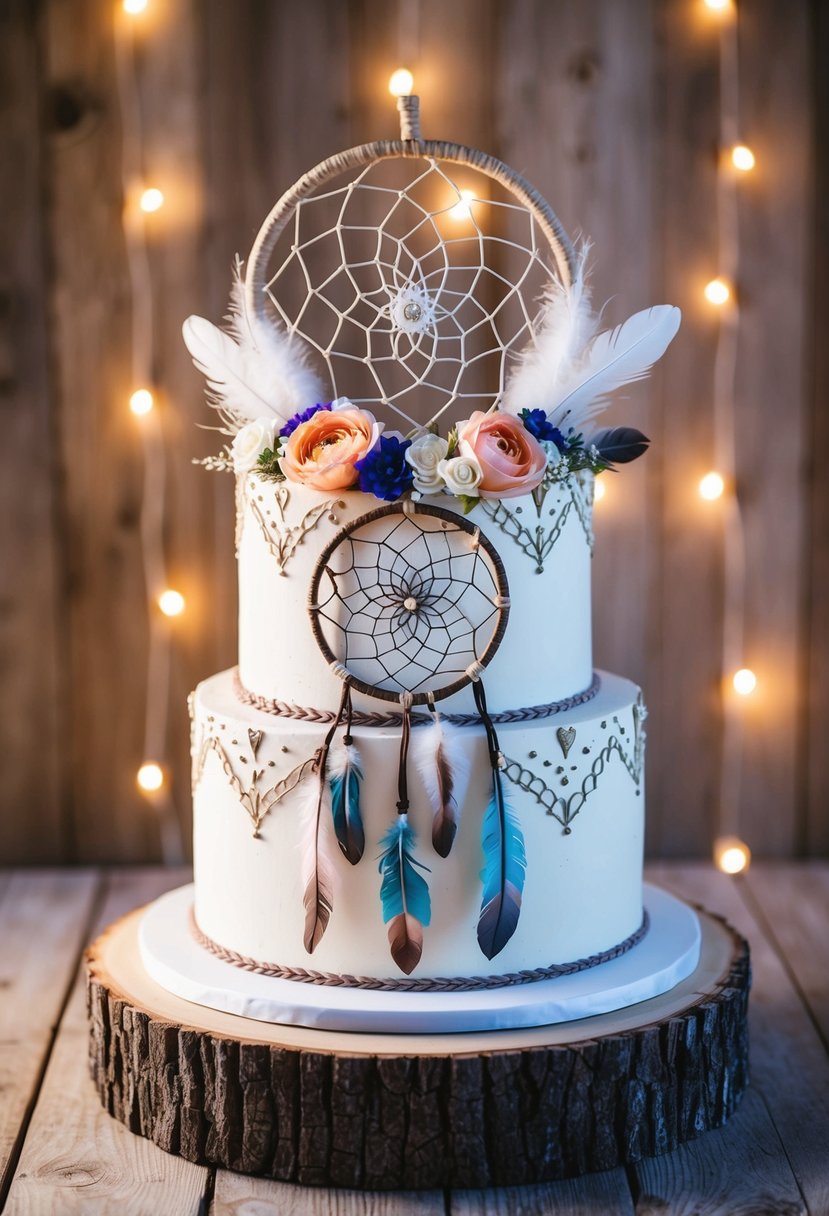 A boho dreamcatcher cake adorned with feathers, flowers, and intricate patterns, set against a backdrop of rustic wood and soft, warm lighting