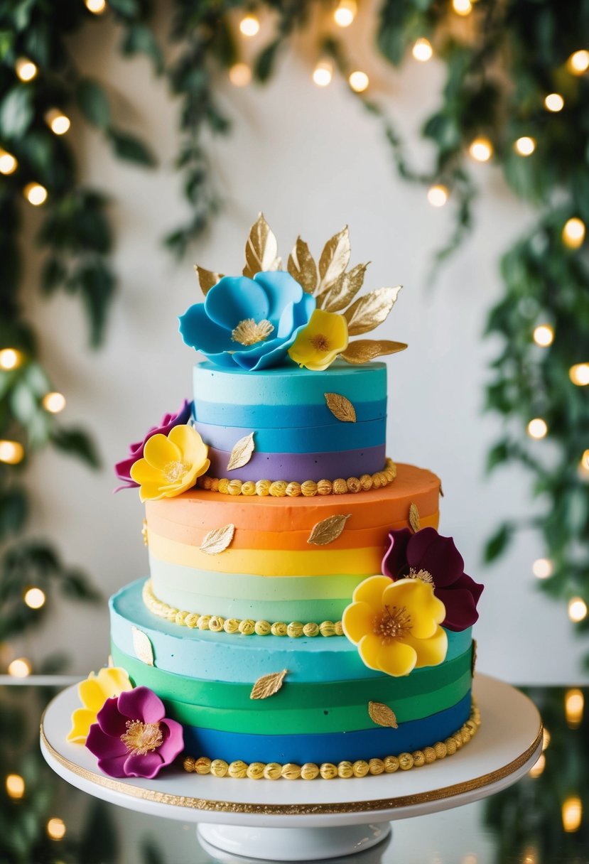 A whimsical rainbow cake adorned with colorful fondant flowers and gold leaf accents, set against a backdrop of cascading greenery and fairy lights