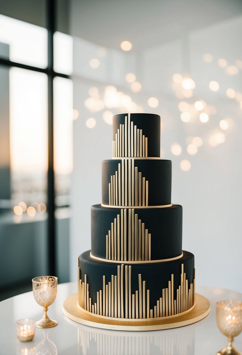 A tiered wedding cake with sleek gold and black Art Deco design, set against a minimalist backdrop