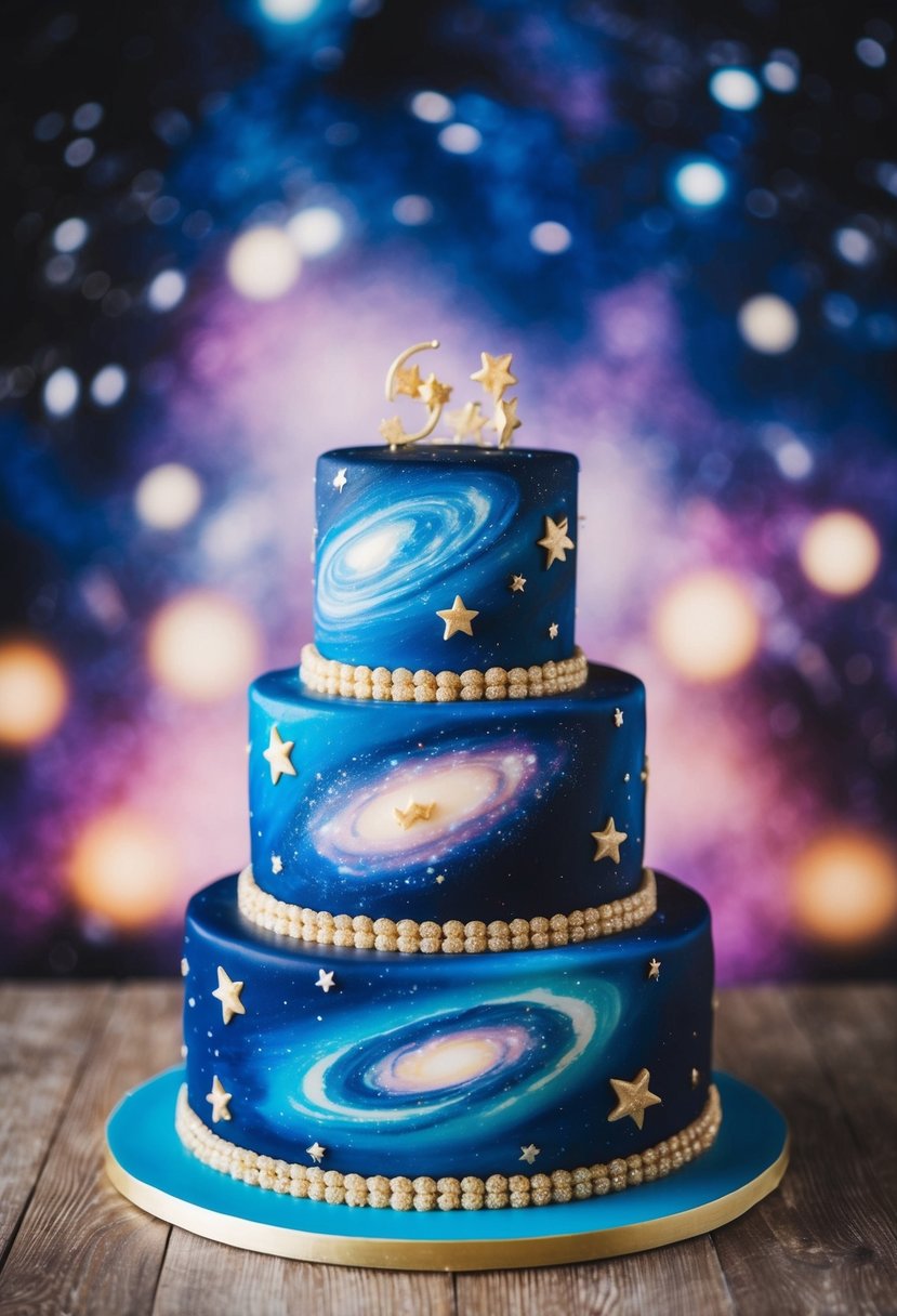 A three-tiered cake adorned with swirling galaxies and shimmering stars, set against a backdrop of deep space