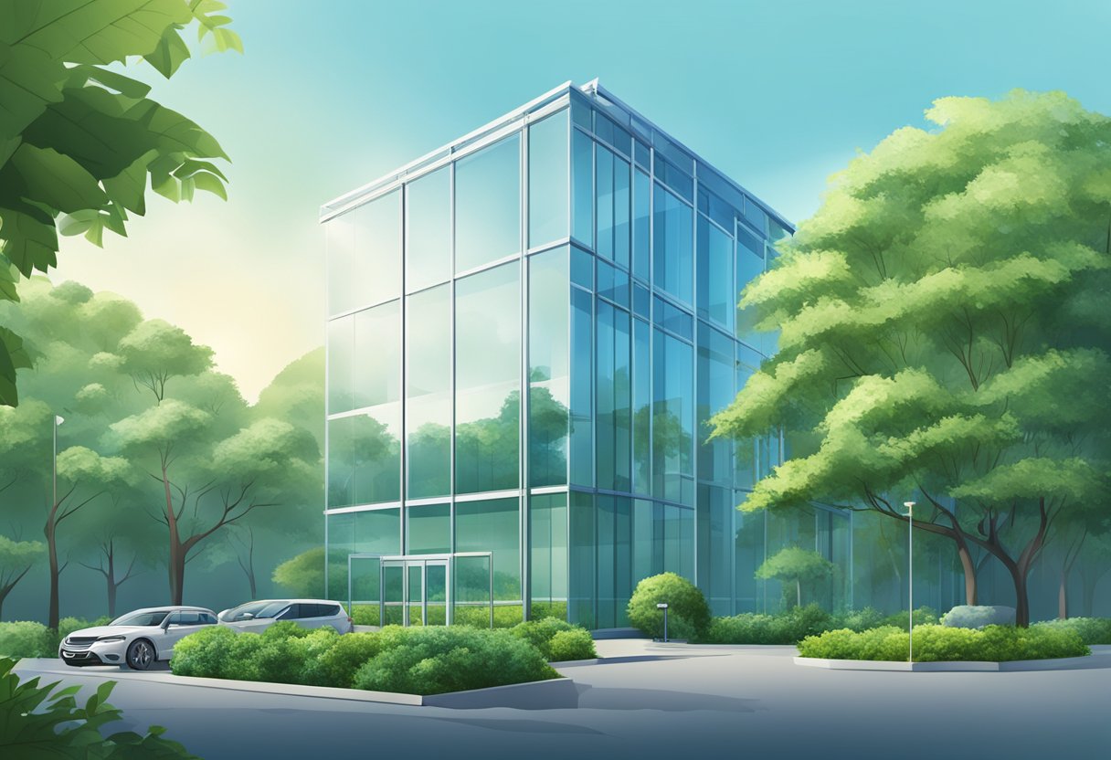 A modern office building with glass facade, surrounded by lush greenery and a clear blue sky