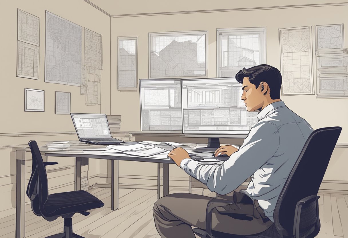 A freelance architect working at a desk, surrounded by architectural plans, a computer, and a calculator. The architect is deep in thought, contemplating the appropriate fee to charge for their services